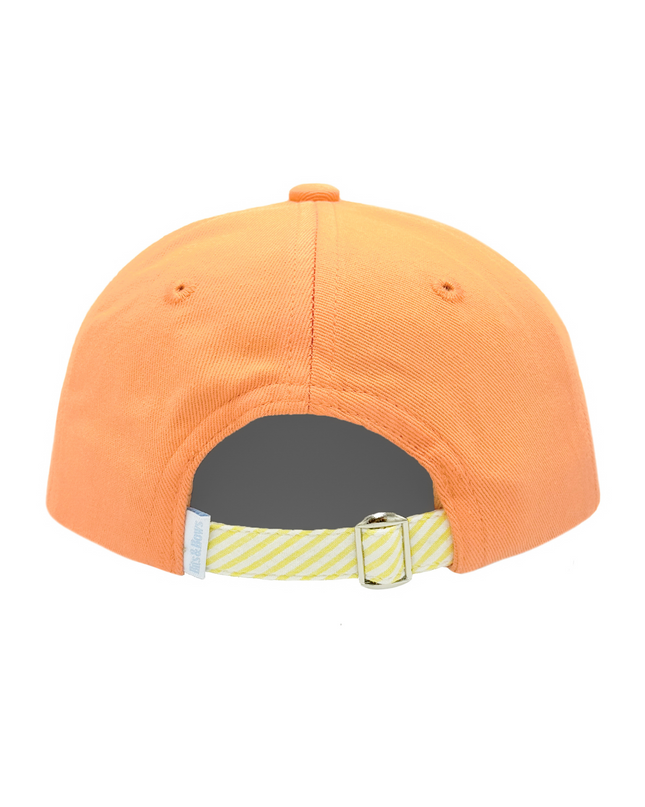 Back of Orange Baseball Hat showing yellow and white seersucker adjustable tuck strap