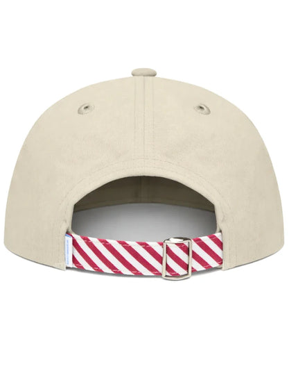 khaki baseball hat with red and white seersucker strap