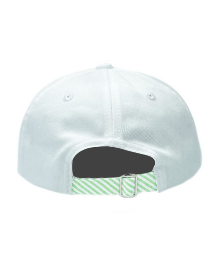 Back of white baseball hat with green and white striped adjustable strap