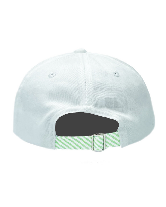 Back of white baseball hat with green and white striped adjustable strap