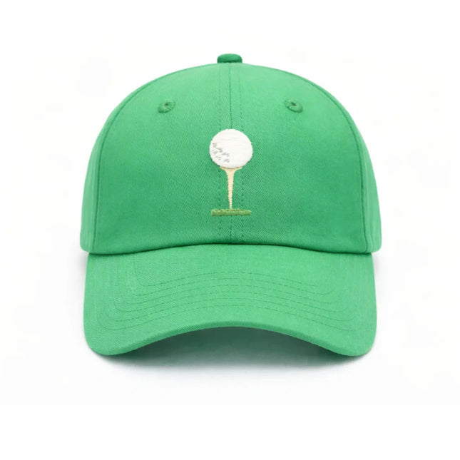 Green baseball hat with embroidered golf tee and ball