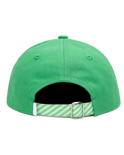 Back of green baseball hat with green and white seersucker strap
