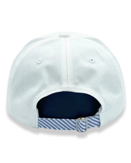 back of white hat with blue and white seersucker strap