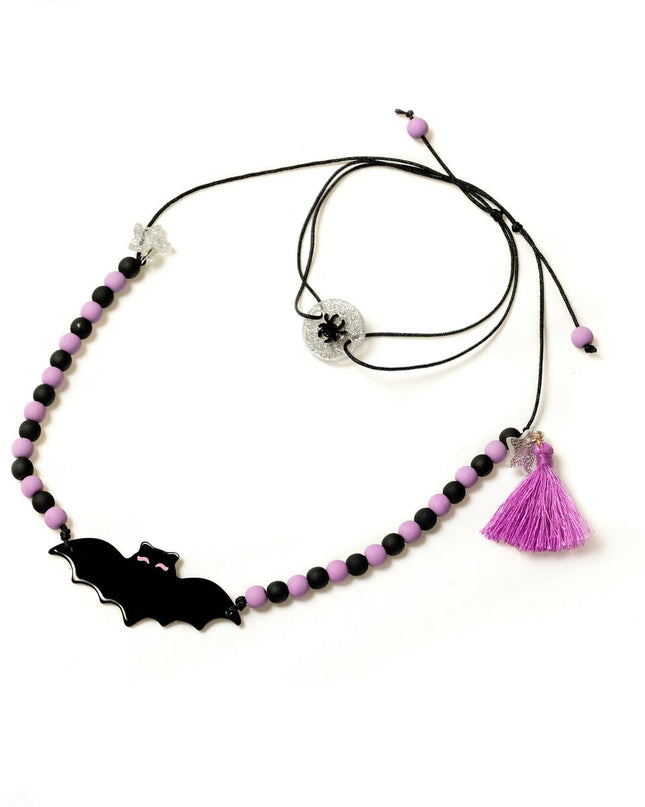 Purple and black beaded bat necklace