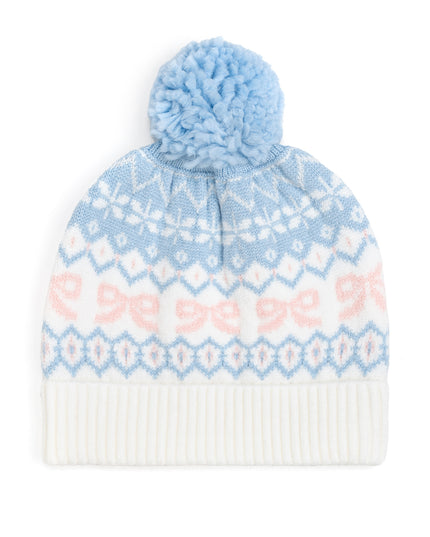 Blue and pink fair isle beanie with blue pom-pom on top