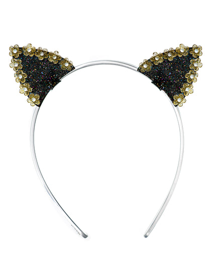 Black glitter car ears headband trimmed with delicate gold daisies