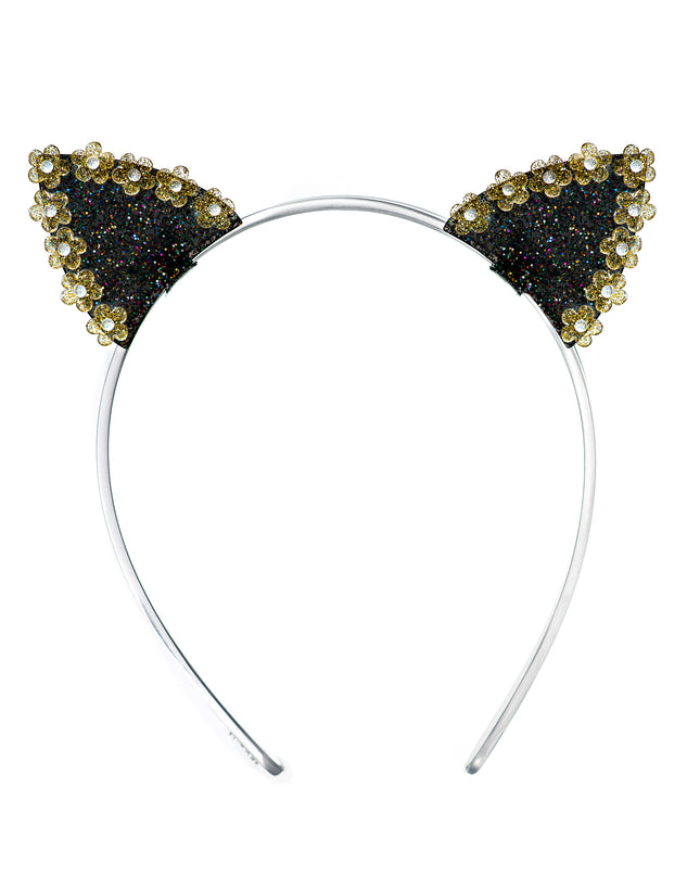 Black glitter car ears headband trimmed with delicate gold daisies