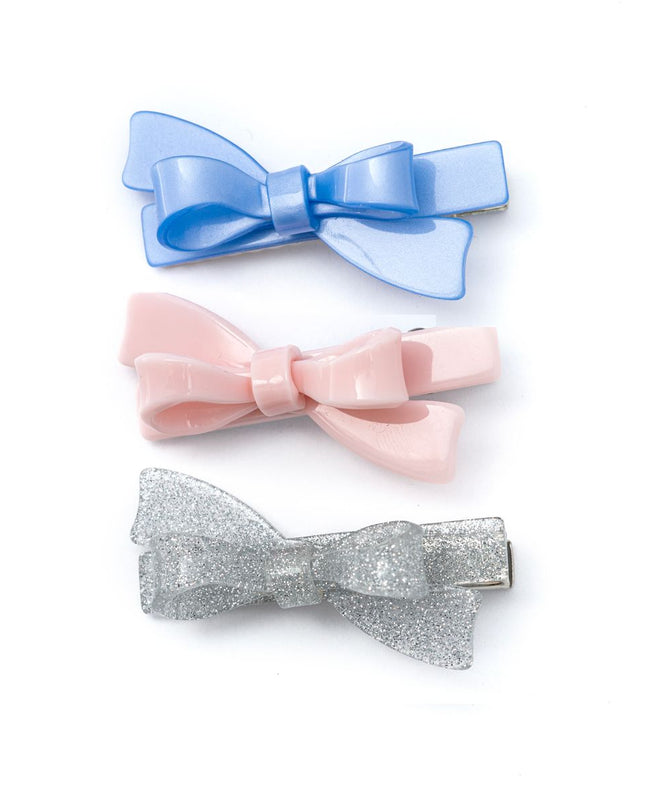 Blue, Pink and Silver Glitter Bow Hair Clips