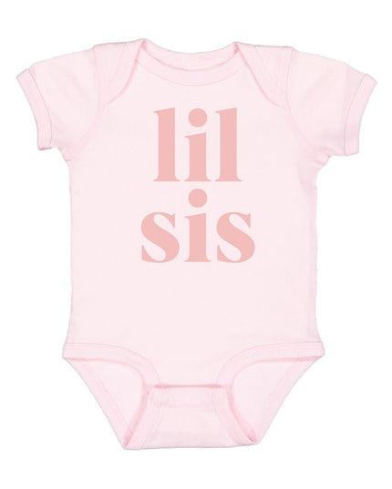 Pink bodysuit with "lil sis" in dusty rose color