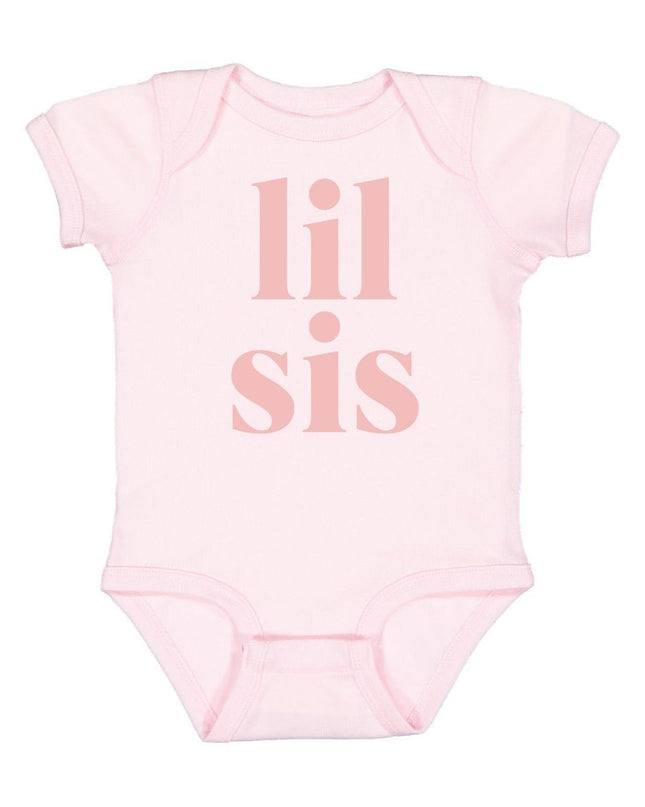 Pink bodysuit with "lil sis" in dusty rose color