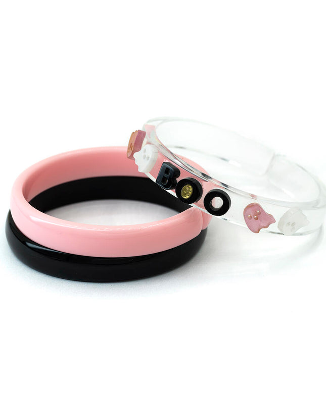 Kids bracelets - 1 pink, 1 black and 1 clear that says boo and has little ghosts