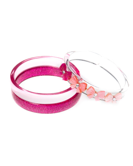 Pink Glitter Bangle, Pink/Clear Bangle and Clear Bangle with shimmering pink bows