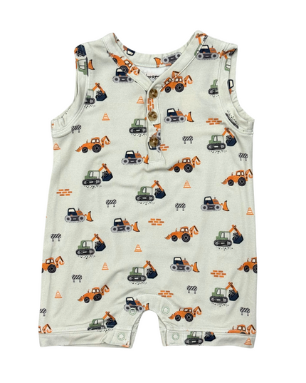 Baby romper with construction truck print