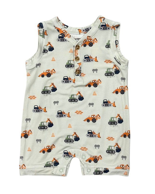 Baby romper with construction truck print