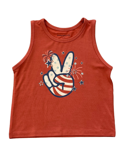 Red tank top with a peace sign and fireworks design 