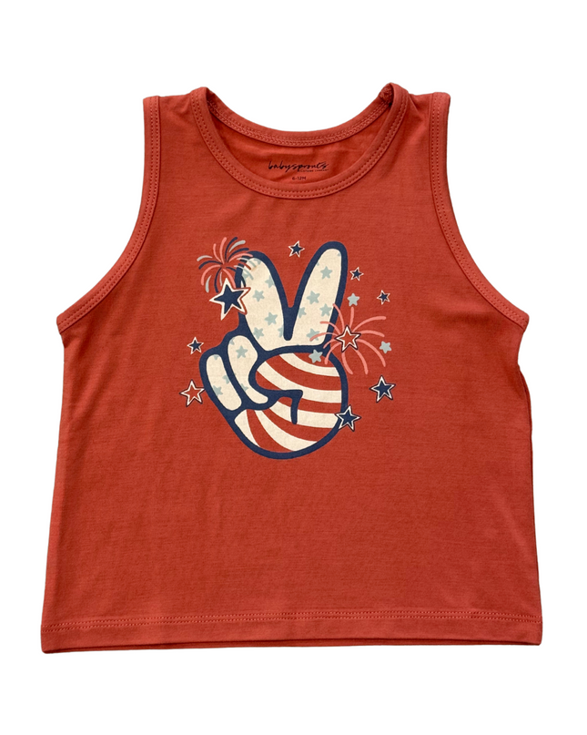 Red tank top with a peace sign and fireworks design 