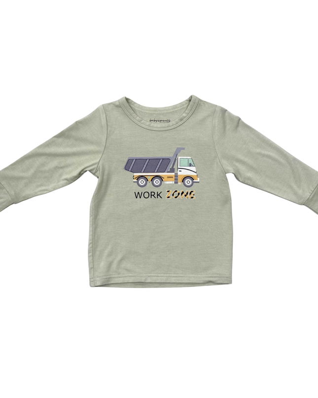 Children's long-sleeve shirt with dump truck graphic and 'Work Zone'