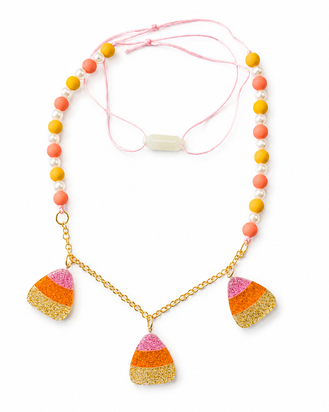 A beaded necklace with candy corn charms