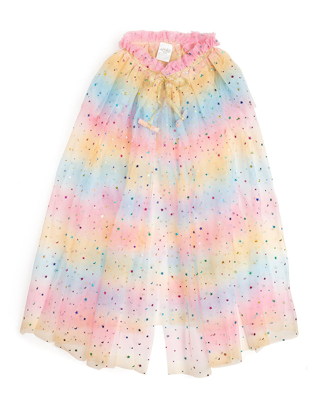 Pink, yellow, and blue ombre tulle cape with rainbow star accents