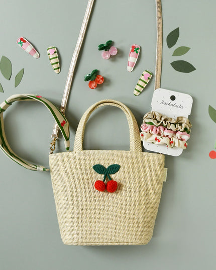 Flatly with Raffia Basket Bag with Crochet Cherries, Headband and Hair Clips