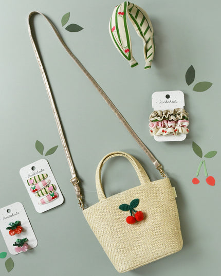 Flatly with Raffia Basket Bag with Crochet Cherries, Headband and Hair Clips
