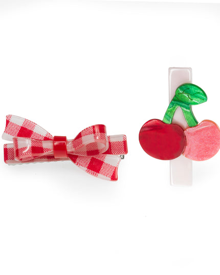 Red and white checkered bow and cherry hair clips
