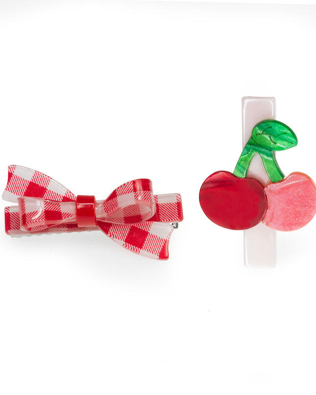 Red and white checkered bow and cherry hair clips