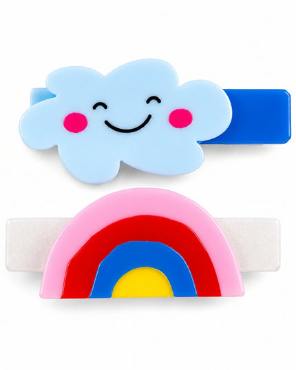 Two hair clips: one with a smiling cloud design and the other with a rainbow design 