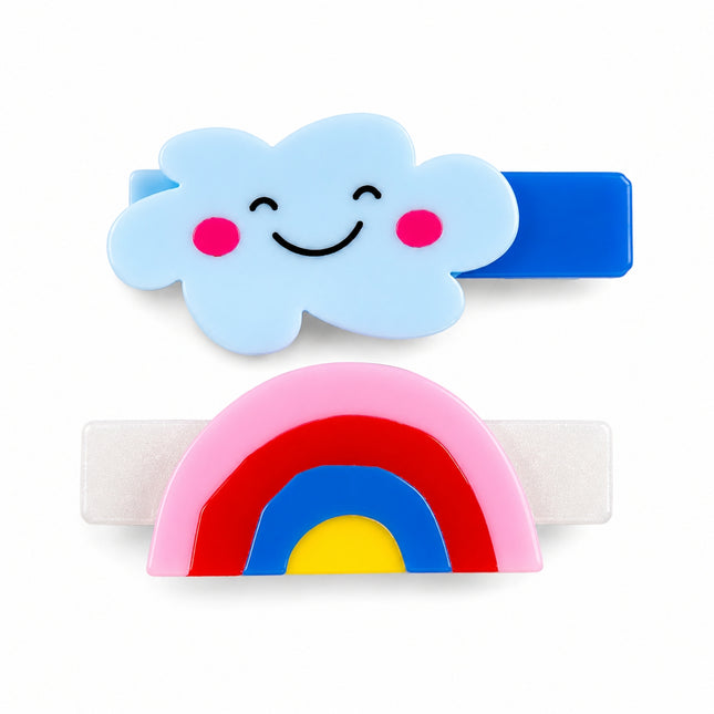 Two hair clips: one with a smiling cloud design and the other with a rainbow design 