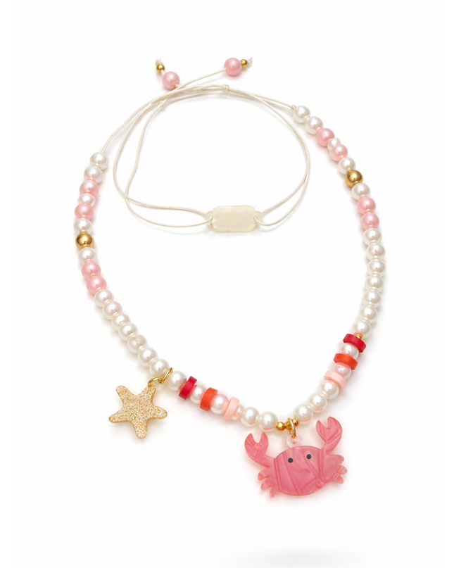 Pearl and bead necklace with crab charm