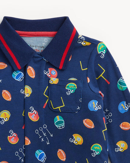 Football print navy polo romper