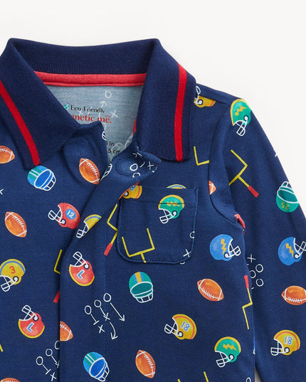 Football print navy polo romper with magnetic collar