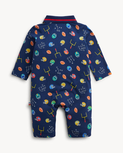 Back of football print navy polo romper
