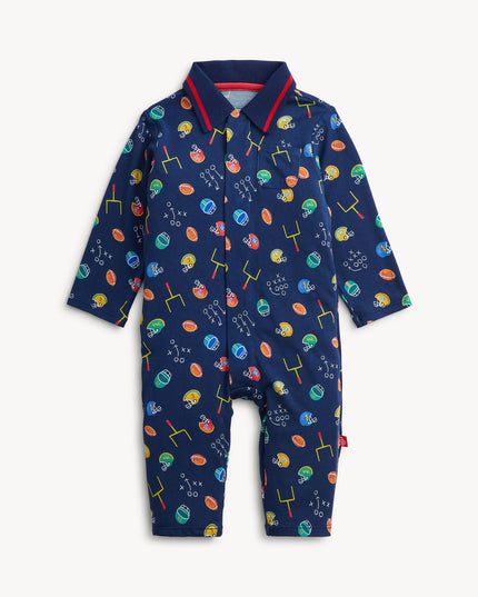 Football print navy polo romper