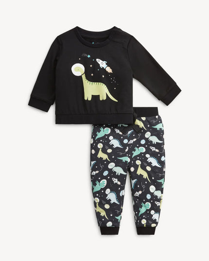 A two-piece kids lounge set featuring a black long-sleeve top with a dinosaur and space graphic, paired with black pants covered in a colorful dinosaur space print.