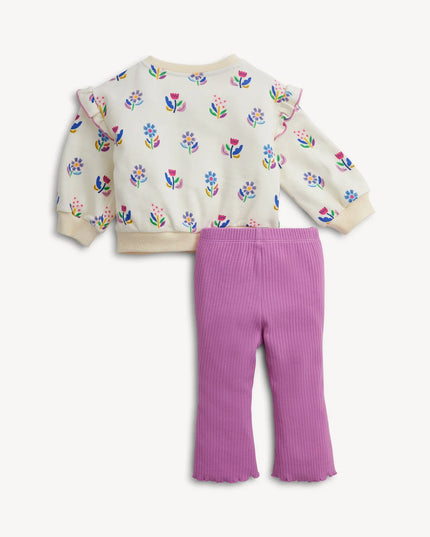 Children's outfit with floral-patterned top and purple  pants