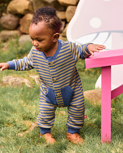 Olive & Navy Stripe - Magnetic Waffle Romper