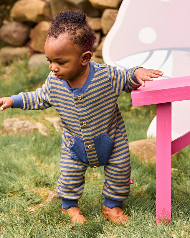 Olive & Navy Stripe - Magnetic Waffle Romper