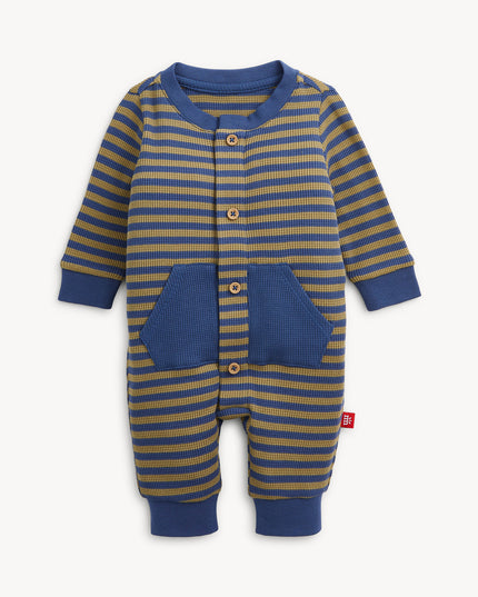 Olive & Navy Stripe - Magnetic Waffle Romper