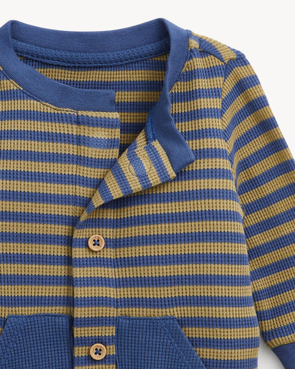 Olive & Navy Stripe - Magnetic Waffle Romper