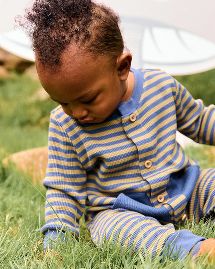 Olive & Navy Stripe - Magnetic Waffle Romper