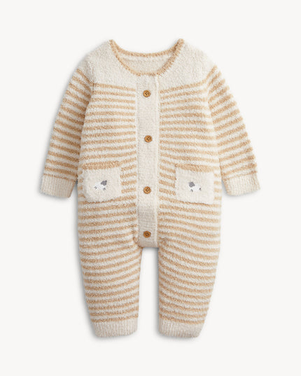 Chenille baby sweater romper with striped pattern