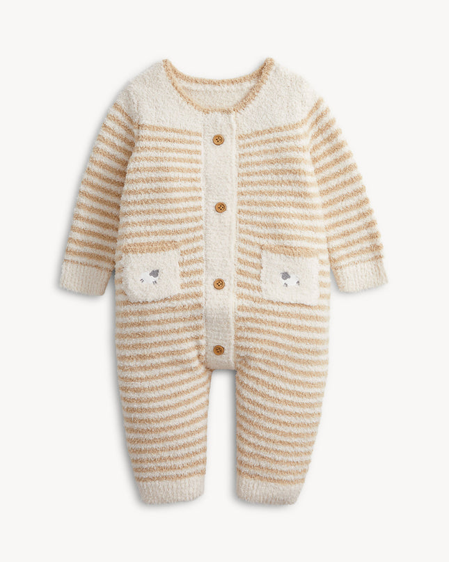 Chenille baby sweater romper with striped pattern