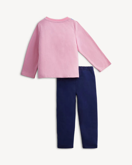 Pink long-sleeve top and navy pants 