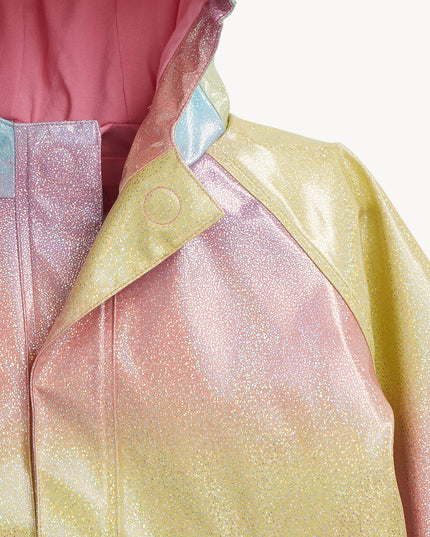 Close up of rainbow unicorn sparkle raincoat with magnetic closures