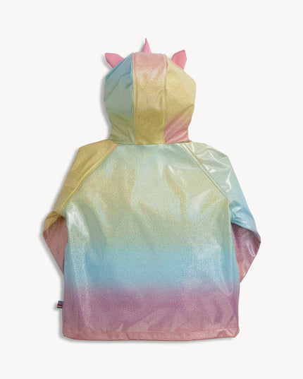 Back of rainbow unicorn sparkle raincoat with magnetic closures