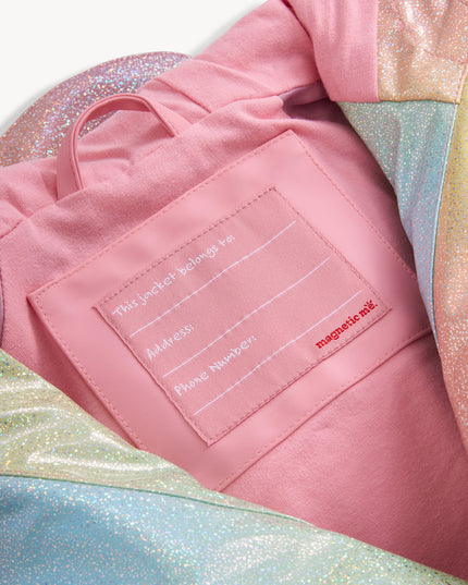Tag inside rainbow unicorn sparkle raincoat