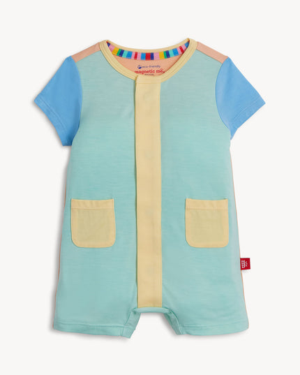 Blue, green and yellow magnetic romper