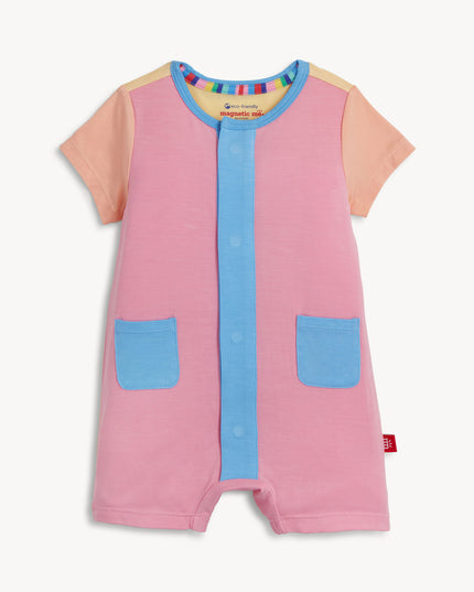 Pink, blue and orange color block magnetic romper