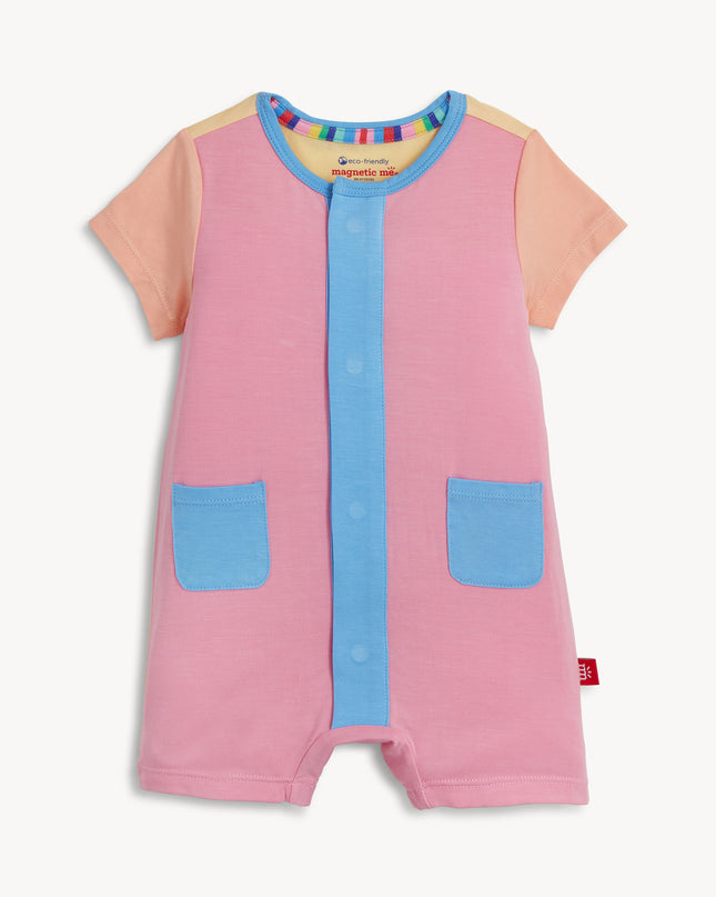 Pink, blue and orange color block magnetic romper